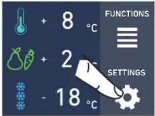 + 8 °C + 2 °C - 18 °C FUNCTIONS ≡ SETTINGS