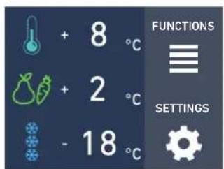 + 8 °C + 2 °C - 18 °C FUNCTIONS ≡ SETTINGS