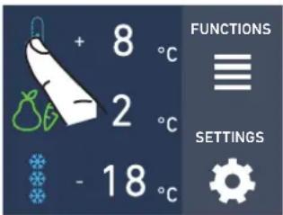+ 8 °C - 2 °C - 18 °C FUNCTIONS ≡ SETTINGS