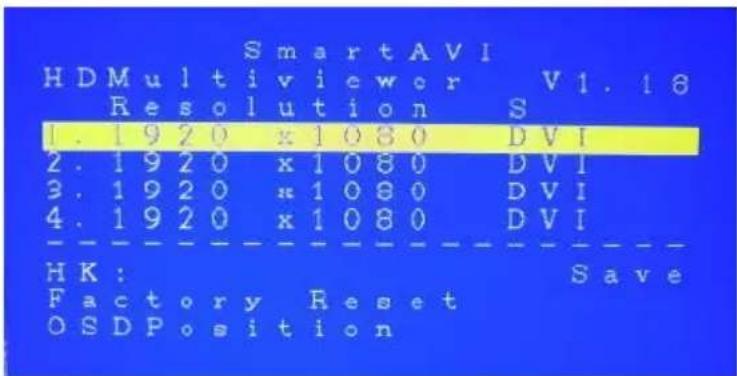 SmartAVI HDMultiviewor V1.18 Resolution S 1.1920 x1080 DVI 2.1920 x1080 DVI 3.1920 x1080 DVI 4.1920 x1080 DVI HK: Save Factory Reset OSDPosition