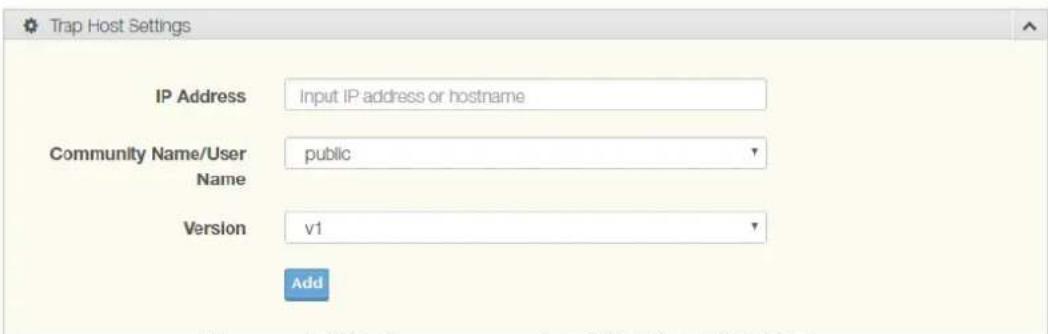 Trap Host Settings IP Address Input IP address or hostname Community Name/User public Name Version v1 Add