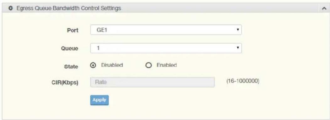 Egress Queue Bandwidth Control Settings Port GE1 Queue 1 State Disabled Enabled CIR(Kbps) Rate (16-1000000) Apply