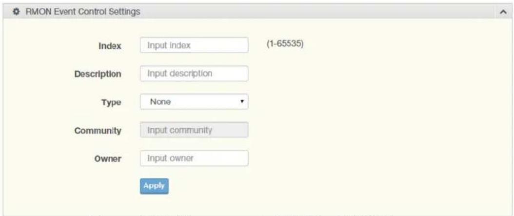 RMON Event Control Settings Index Input index (1-65535) Description Input description Type None Community Input community Owner Input owner Apply