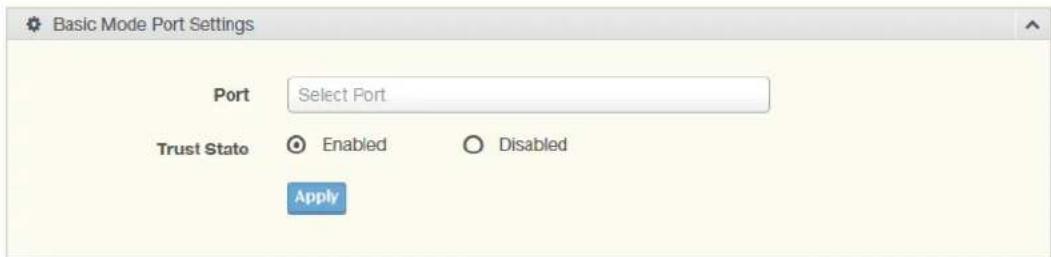 Basic Mode Port Settings Port Select Port Trust Stato Enabled Disabled Apply