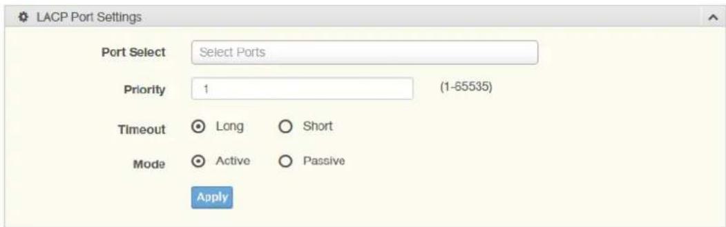 LACP Port Settings Port Select Select Ports Priority 1 (1-65535) Timeout Long Short Mode Active Passive Apply