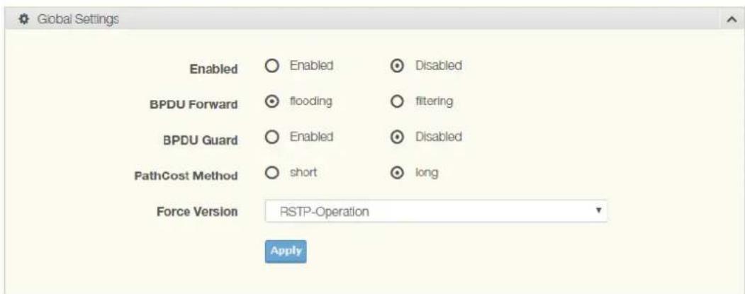 Global Settings Enabled Enabled Disabled BPDU Forward flooding filtering BPDU Guard Enabled Disabled PathCost Method(short hlong) Force Version RSTP-Operation Apply