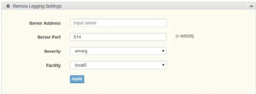 Remote Logging Settings Server Address Input server Server Port 514 (1-65535) Severity emorg Facility local0 Apply