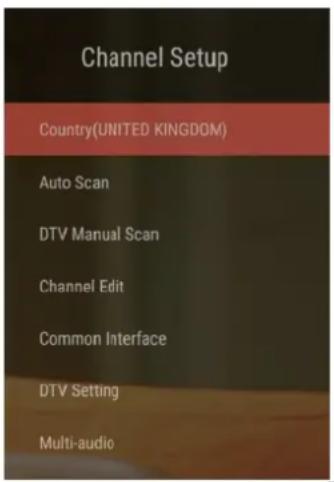 Channel Setup Country(UNITED KINGDOM) Auto Scan DTV Manual Scan Channel Edit Common Interface DTV Setting Multi-audio