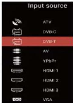Input source ATV DVB-C DVB-T AV YPbPr HDMI 1 HDMI 2 HDMI 3 VGA