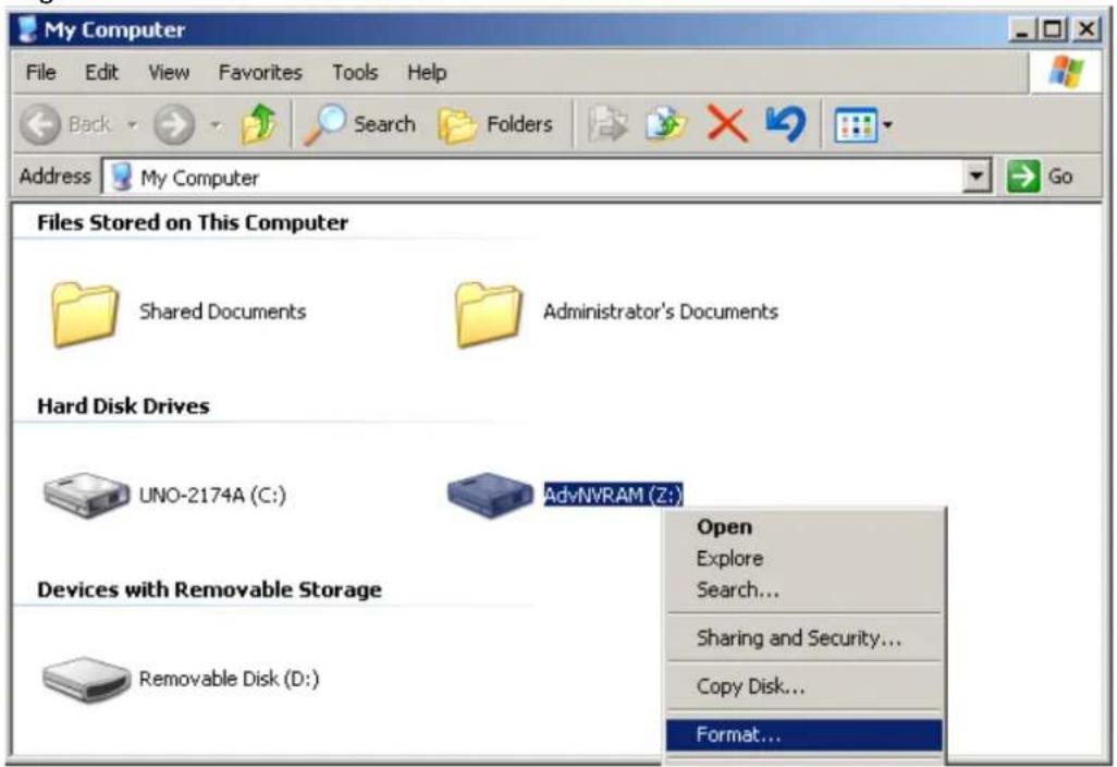 My Computer File Edit View Favorites Tools Help Back Search Folders Address My Computer Go Files Stored on This Computer Shared Documents Administrator's Documents Hard Disk Drives UNO-2174A (C:) AdvNVRAM (Z:) Devices with Removable Storage Open Explore Search... Sharing and Security... Copy Disk... Removable Disk (D:) Format...