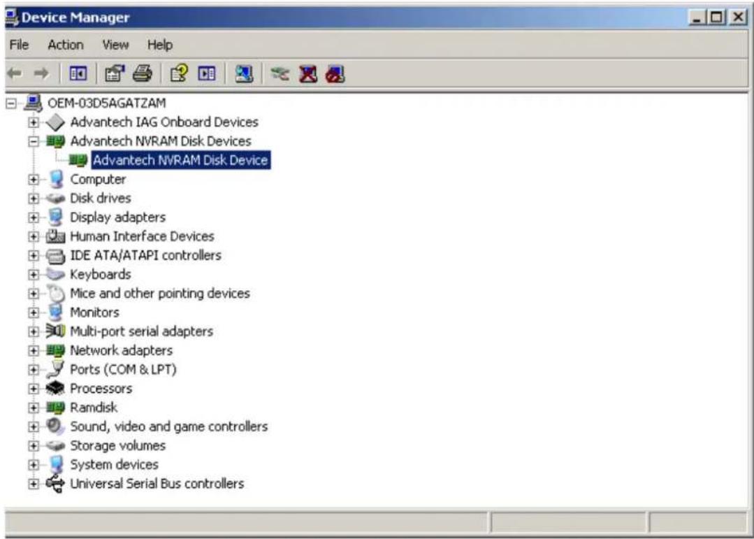Device Manager File Action View Help OEM-03D5AGATZAM + Advantech IAG Onboard Devices + Advantech NVRAM Disk Devices + Advantech NVRAM Disk Device + Computer + Disk drives + Display adapters + Human Interface Devices + IDE ATA/ATAPI controllers + Keyboards + Mice and other pointing devices + Monitors + Multi-port serial adapters + Network adapters + Ports (COM & LPT) + Processors + Ramdisk + Sound, video and game controllers + Storage volumes + System devices + Universal Serial Bus controllers