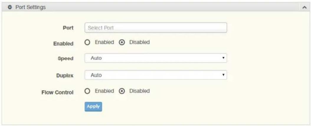 Port Settings Port Select Port Enabled Enabled Disabled Speed Auto Duplex Auto Flow Control Enabled Disabled Apply