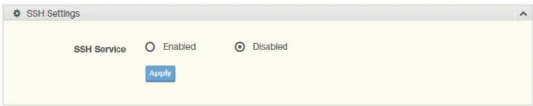 SSH Settings SSH Service ○ Enabled ○ Disabled Apply