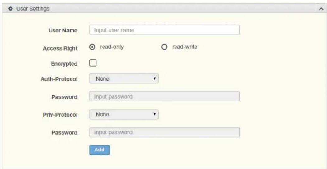 User Settings User Name Input user name Access Right read-only read-write Encrypted Auth-Protocol None Password Input password Priv-Protocol None Password Input password Add