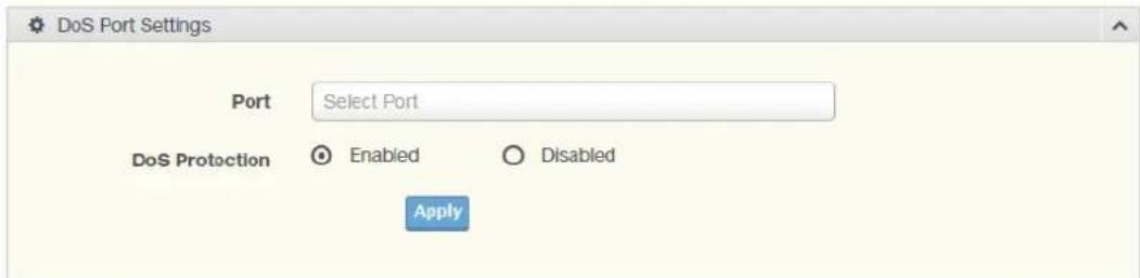 DoS Port Settings Port Select Port DoS Protection Enabled Disabled Apply
