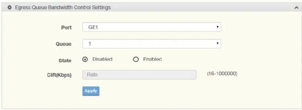 Egress Queue Bandwidth Control Settings Port GE1 Queue 1 State Disabled Enabled CIR(Kbps) Rate (16-1000000) Apply