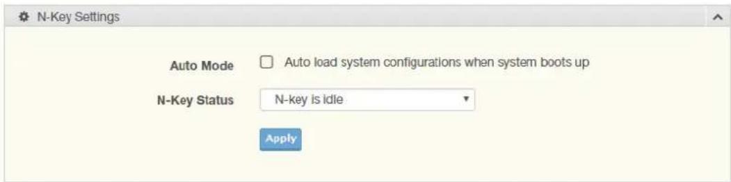 N-Key Settings Auto Mode □ Auto load system configurations when system boots up N-Key Status N-key is idle Apply