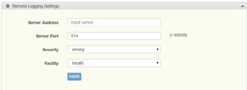 Remote Logging Settings Server Address Input server Server Port 514 (1-65535) Severity emerg Facility local0 Apply