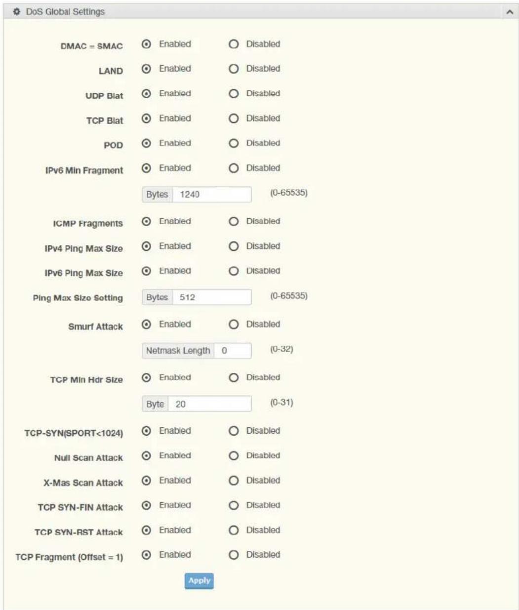 DoS Global Settings DMAC = SMAC ● Enabled ○ Disabled LAND ● Enabled ○ Disabled UDP Blat ● Enabled ○ Disabled TCP Blat ● Enabled ○ Disabled POD ● Enabled ○ Disabled IPv6 Min Fragment ● Enabled ○ Disabled Bytes 1240 (0-65535) ICMP Fragments ● Enabled ○ Disabled IPv4 Ping Max Size ● Enabled ○ Disabled IPv6 Ping Max Size ● Enabled ○ Disabled Ping Max Size Setting Bytes 512 (0-65535) Smurf Attack ● Enabled ○ Disabled Netmask Length 0 (0-32) TCP Min Hdr Size ● Enabled ○ Disabled Byte 20 (0-31) TCP-SYN(SPORT<1024) ● Enabled ○ Disabled Null Scan Attack ● Enabled ○ Disabled X-Mas Scan Attack ● Enabled ○ Disabled TCP SYN-FIN Attack ● Enabled ○ Disabled TCP SYN-RST Attack ● Enabled ○ Disabled TCP Fragment (Offset = 1) ● Enabled ○ Disabled Apply