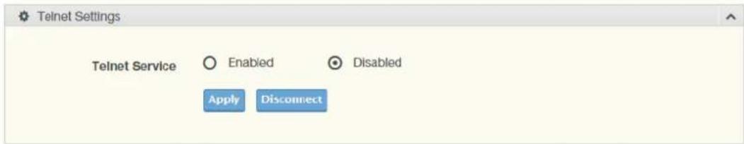Telnet Settings Telnet Service ○ Enabled ○ Disabled Apply Disconnect