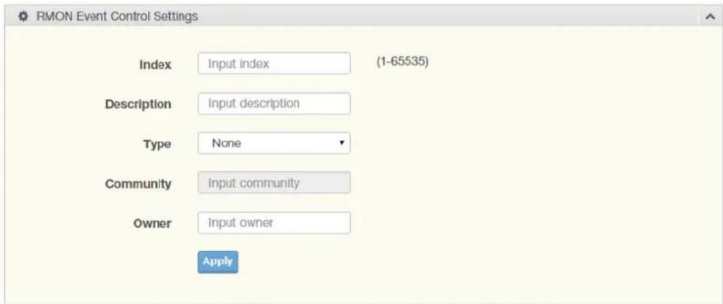 RMON Event Control Settings Index Input index (1-65535) Description Input description Type None Community Input community Owner Input owner Apply
