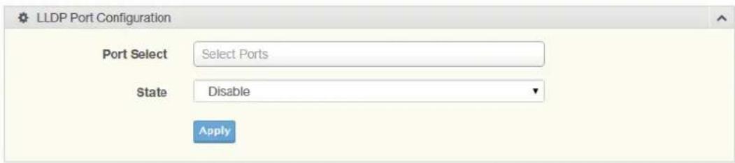 LLDP Port Configuration Port Select Select Ports State Disable Apply