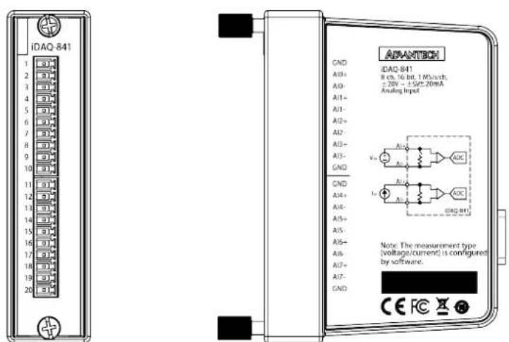 iDAQ-841 GND A0+- A0- A1+ A1- A2+ A2- A3+ A3- GND GND A4+ A4- A5+ A5- A5+ A6- A6+ A7- GND iDAQ-841 8 ch. 16 bit. 1 MHz/μs ±20V ~ ±5V/- 20mA Analog input Vcc Aio A1 A2 A3 Ic A4 ADQ-841 Note: The measurement type (voltage/current) is configured by software. CE FC X T
