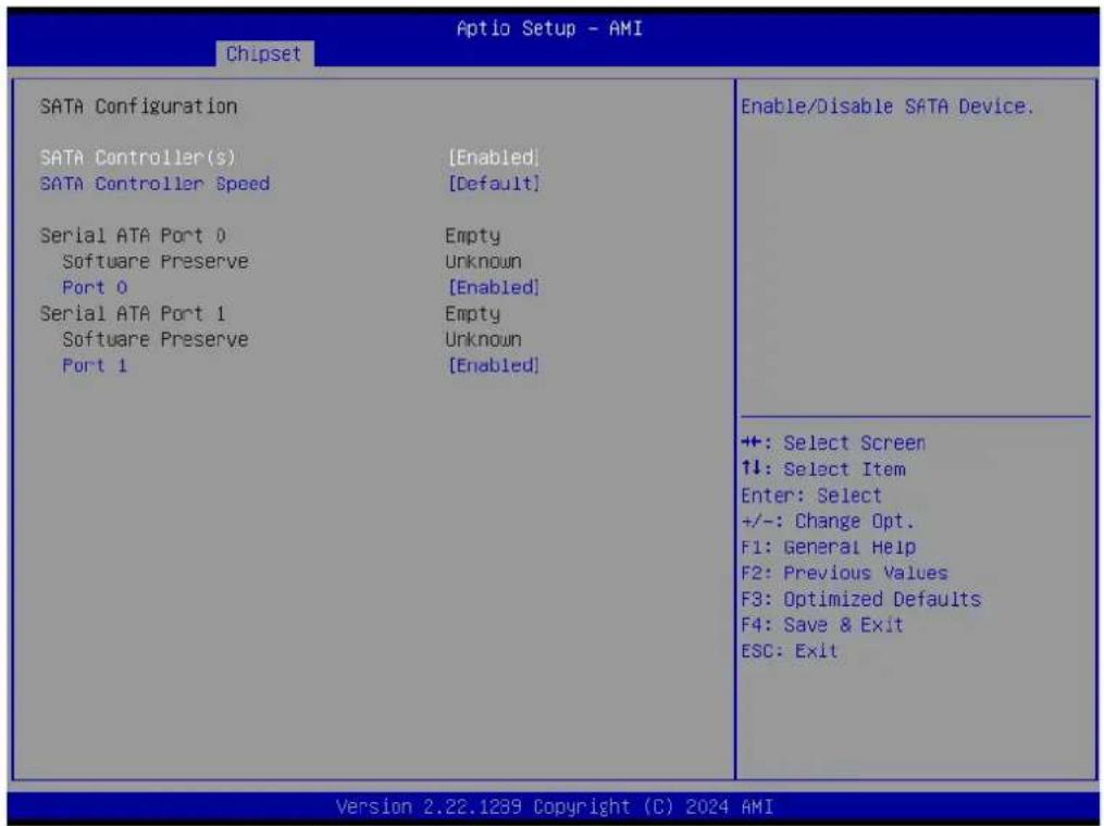 Aptio Setup - AMI Chipset SATA Configuration SATA Controller(s) [Enabled] SATA Controller Speed [Default] Serial ATA Port 0 Empty Software Preserve Unknown Port 0 [Enabled] Serial ATA Port 1 Empty Software Preserve Unknown Port 1 [Enabled] Enable/Disable SATA Device. ++: Select Screen ↑↓: Select Item Enter: Select +/-: Change Opt. F1: General Help F2: Previous Values F3: Optimized Defaults F4: Save & Exit ESC: Exit Version 2.22.1239 Copyright (C) 2024 AMI