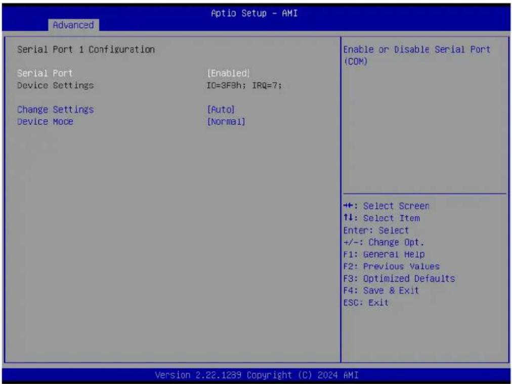 Advanced Optio Setup - AMI Serial Port 1 Configuration Serial Port [Enabled] Device Settings IO=3F5h; IRQ=7; Change Settings [Auto] Device Mode [Normal] Enable or Disable Serial Port (COM) +:-: Select Screen ↑↓: Select Item Enter: Select +/-: Change Opt. F1: General Help F2: Previous Values F3: Optimized Defaults F4: Save & Exit ESC: Exit Version 2.22.1289 Copyright (C) 2024 AMI