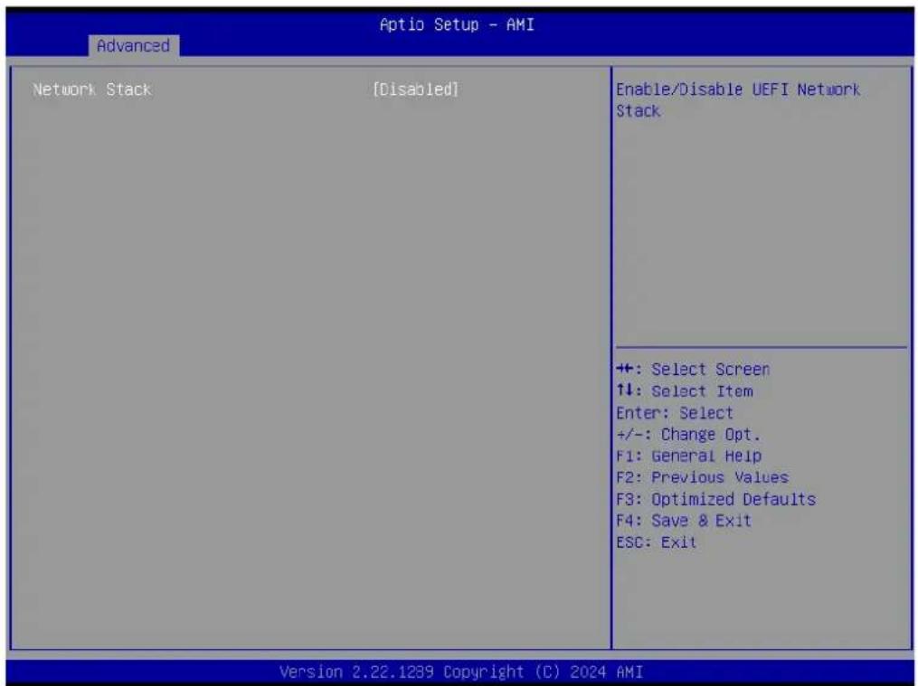 Advanced Aptio Setup - AMI Network Stack [Disabled] Enable/Disable UEFI Network Stack ++: Select Screen ↑↓: Select Item Enter: Select +/-: Change Opt. F1: General Help F2: Previous Values F3: Optimized Defaults F4: Save & Exit ESC: Exit Version 2.22.1239 Copyright (C) 2024 AMI