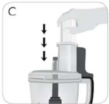 Illustration of a hand using a blender with liquid level indicator (no text or symbols)