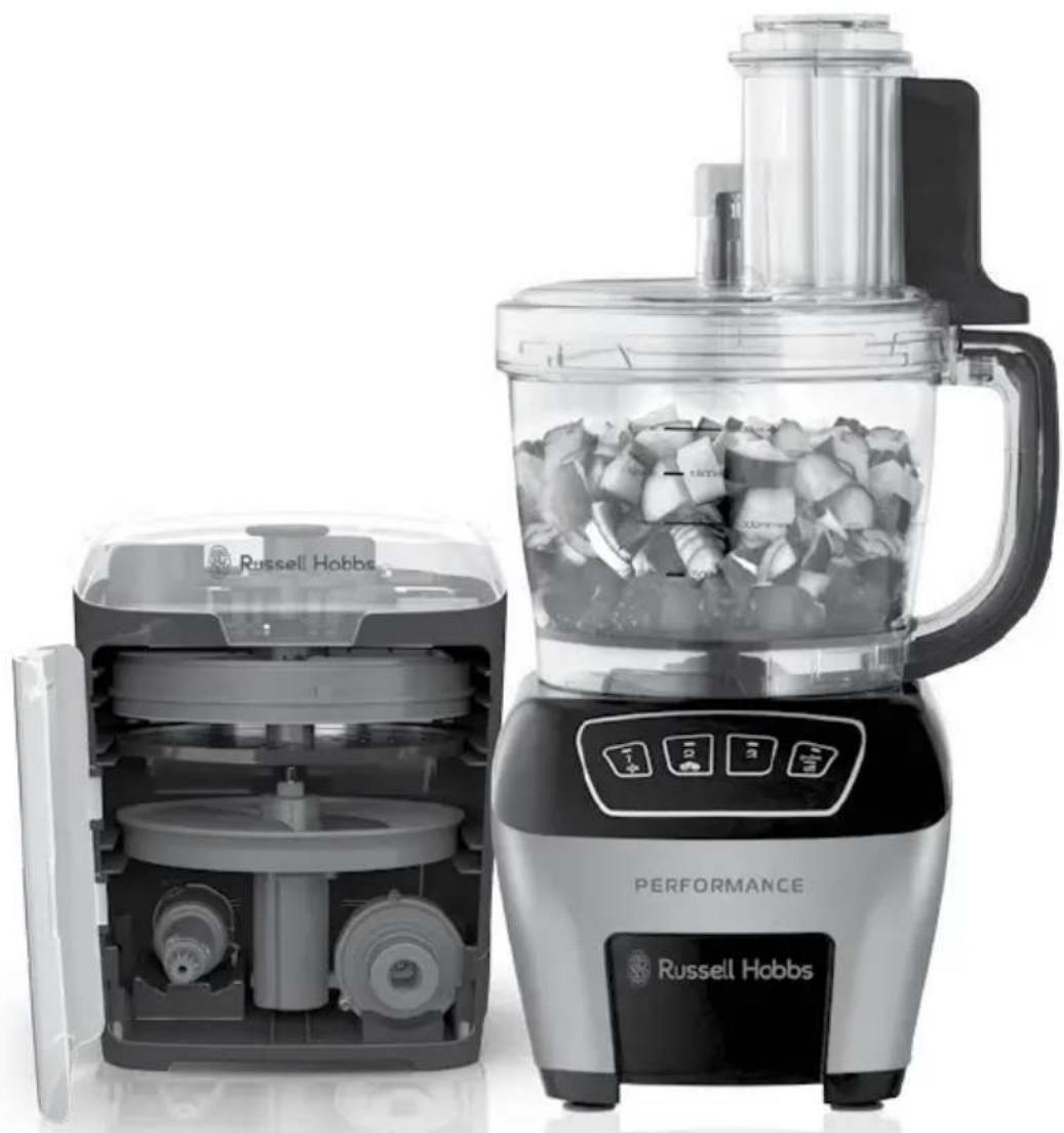 Exterior view of a Russell Hobbs blender with open lid and internal processing unit (no text or symbols visible)