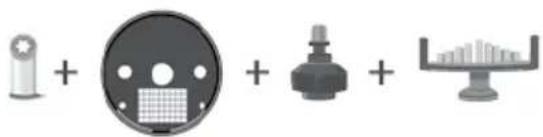 Diagram showing five labeled icons: a cylindrical object, a circular component with a grid, a bulb, and a cityscape on top.