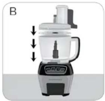 Illustration of a kitchen blender with a downward arrow indicating compression or shift (no text or symbols)