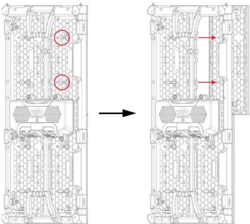 Technical diagram showing two views of a multi-chamber electronic device with hexagonal internal structure and red circular annotations (no text or symbols)