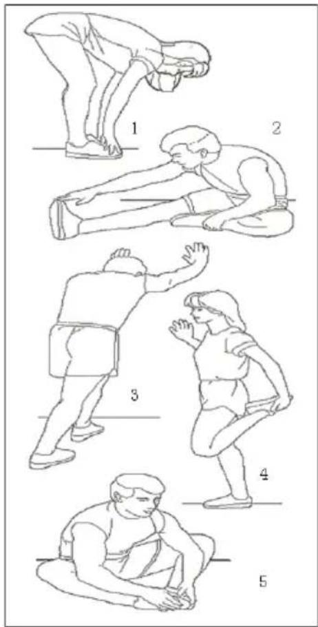 Illustration showing five sequential steps of a stretching exercise, labeled 1 to 5.