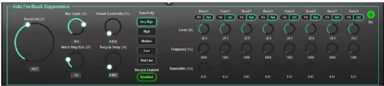 Auto Feedback Suppression Threshold (SB) Max Depth (SB) Default Bandwidth (Out) Sensitivity Very High High Medium Low Very Low Recycle Enabled Enabled Band 1 Band 2 Band 3 Band 4 Band 5 Band 6 Band 7 Band 8 On Max Depth (SB) Default Bandwidth (Out) Sensitivity Very High High Medium Low Very Low Bandwidth (Out) Band 1 Band 2 Band 3 Band 4 Band 5 Band 6 Band 7 Band 8 On Max Depth (SB) Default Bandwidth (Out) Sensitivity Very High High Medium Low Very Low Frequency (Hz) 1000 1000 1000 1000 1000 1000 1000 1000 1000 1000 1000 1000 1000 1000 1000 1000 1000 1000 1000 1000 1000