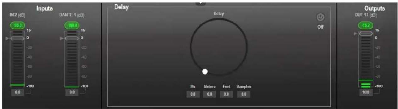 Inputs IN 2 (dB) -59.3 15 0 -20 -40 -60 -80 -100 0.0 DANTE 1 (dB) -109.8 15 0 -20 -40 -60 -80 -100 0.0 Delay Delay Off Ms Meters Feet Samples 10.8 Outputs OUT 13 (dB)