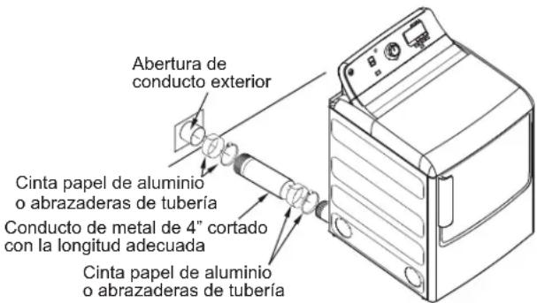 Abertura de conducto exterior Cinta papel de aluminio o abrazaderas de tubería Conducto de metal de 4" cortado con la longitud adecuada Cinta papel de aluminio o abrazaderas de tubería