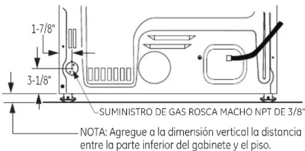 1-7/8" 3-1/8" SUMINISTRO DE GAS ROSCA MACHO NPT DE 3/8" NOTA: Agregue a la dimensión vertical la distancia entre la parte inferior del gabinete y el piso.