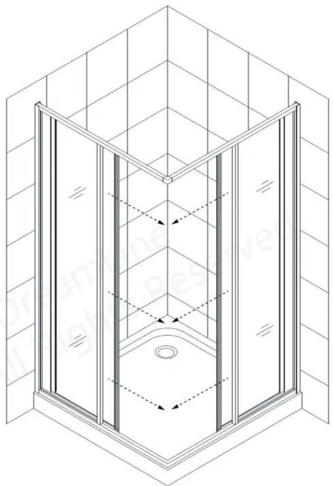 Isometric line drawing of a 3D shower enclosure with glass doors and ventilation ducts (no text or symbols)
