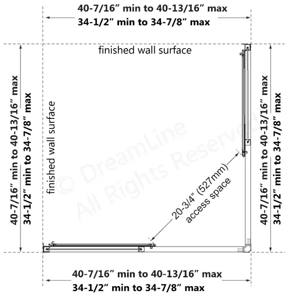 40-7/16" min to 40-13/16" max 34-1/2" min to 34-7/8" max 40-7/16" min to 40-13/16" max 34-1/2" min to 34-7/8" max finished wall surface 40-7/16" min to 40-13/16" max 34-1/2" min to 34-7/8" max 40-7/16" min to 40-13/16" max 34-1/2" min to 34-7/8" max 20-3/4" (527mm) access space