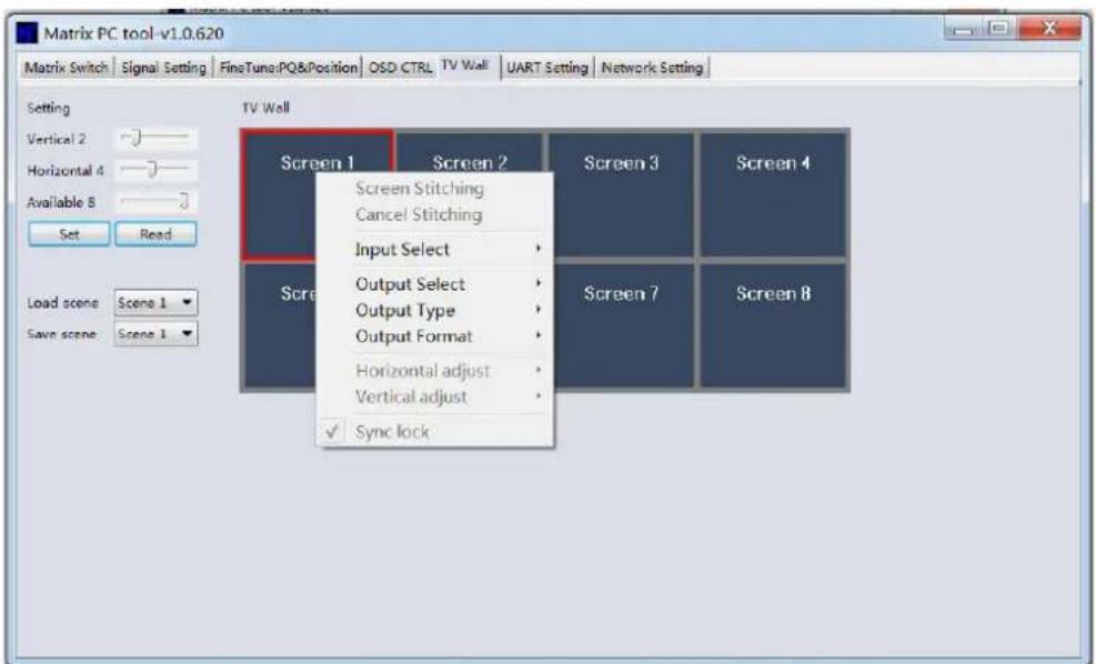 Matrix PC tool v1.0.620 Matrix Switch | Signal Setting | FineTuning:PO&/Position | OSD CTRL | TV Wall | UART Setting | Network Setting | Setting Vertical 2 Horizontal 4 Available 8 Set Read TV Wall Screen 1 Screen 2 Screen 3 Screen 4 Screen Stitching Cancel Stitching Input Select Output Select Output Type Output Format Horizontal adjust Vertical adjust Sync lock Load scene Scene 1 Save scene Scene 1