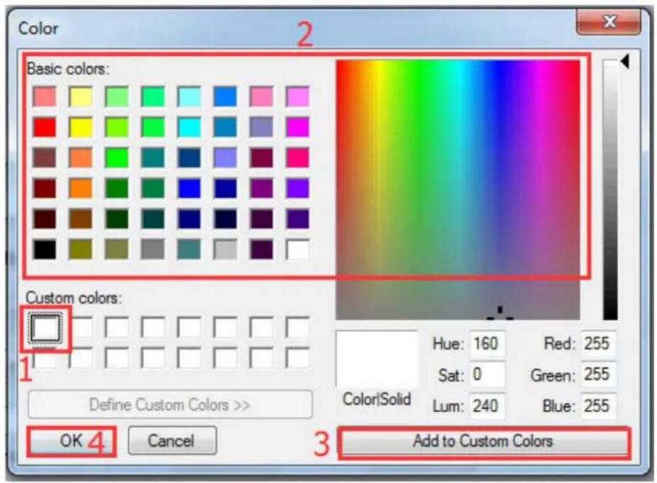 Color Basic colors: Custom colors: 1 Define Custom Colors >> OK 4 Cancel 3 Add to Custom Colors Hue: 160 Red: 255 Sat: 0 Green: 255 Lum: 240 Blue: 255