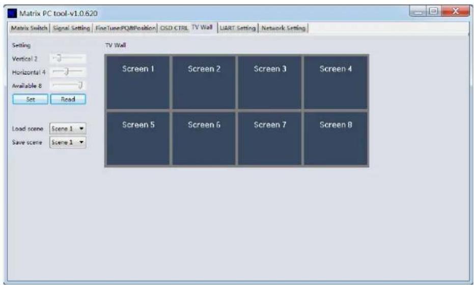 Matrix PC tool-v1.0.620 Matrix Switch Signal Setting FineTunePQMPosition OSD CTRL TV Wall UART Setting Network Setting Setting Vertical 2 Horizontal 4 Available 8 Set Read Load scene Scene 1 Save scene Scene 1 TV Wall Screen 1 Screen 2 Screen 3 Screen 4 Screen 5 Screen 6 Screen 7 Screen 8