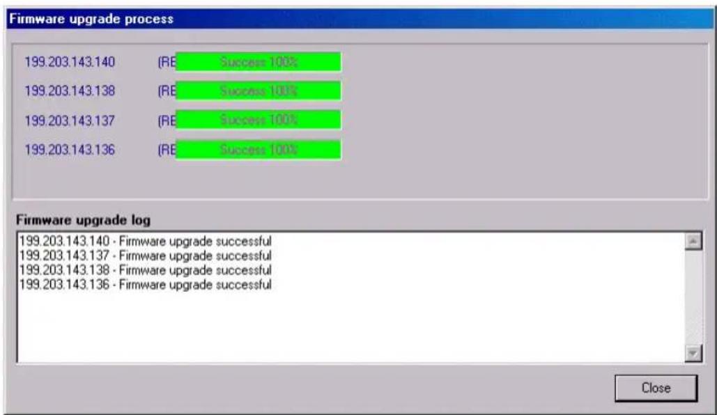 Firmware upgrade process 199.203.143.140 (RE Success 100%) 199.203.143.138 (RE Success 100%) 199.203.143.137 (RE Success 100%) 199.203.143.136 (RE Success 100%) Firmware upgrade log 199.203.143.140 - Firmware upgrade successful 199.203.143.137 - Firmware upgrade successful 199.203.143.138 - Firmware upgrade successful 199.203.143.136 - Firmware upgrade successful Close