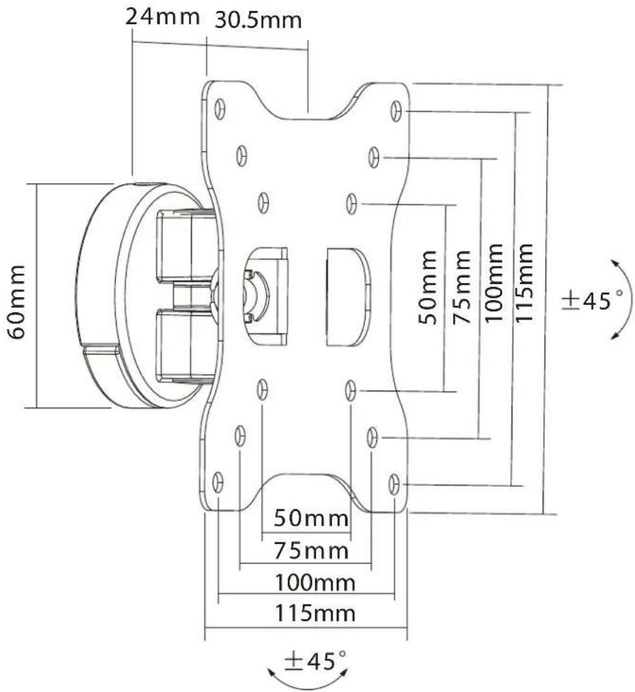 24mm 30.5mm 60mm 50mm 75mm 100mm 115mm ±45° 50mm 75mm 100mm 115mm ±45°