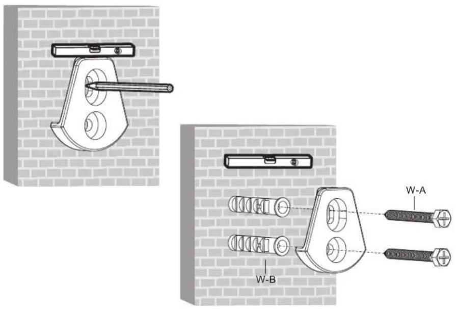 Technical diagram showing mechanical assembly with labeled parts W-A and W-B on a brick wall panel