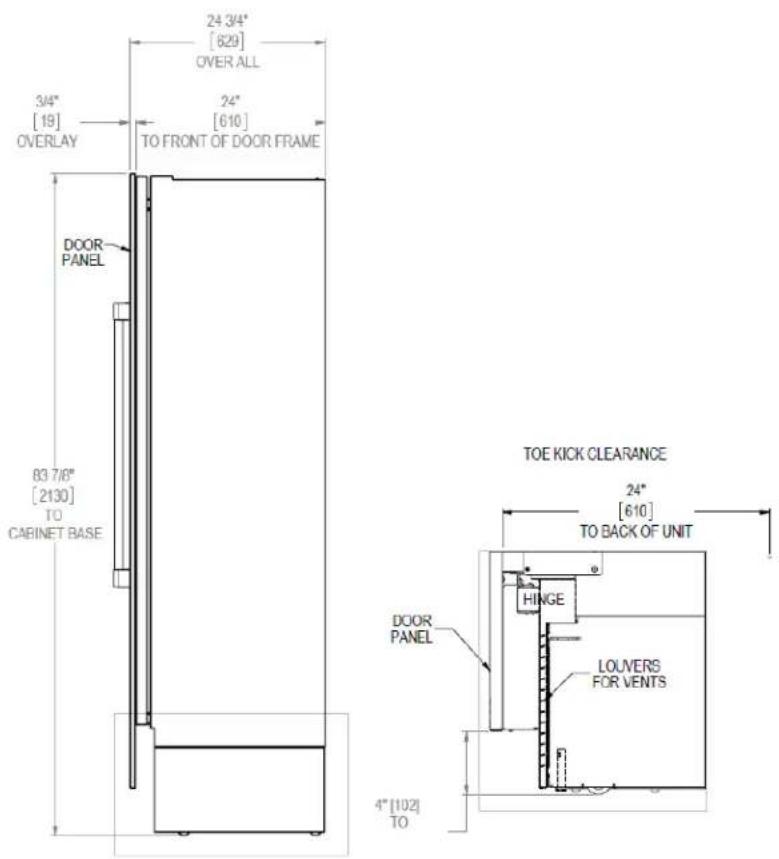 24 3/4" [829] OVER ALL 3/4" [19] OVERLAY 24" [610] TO FRONT OF DOOR FRAME DOOR PANEL 83 7/8" [2130] TO CABINET BASE TOE KICK CLEARANCE 24" [610] TO BACK OF UNIT HINGE DOOR PANEL LOUVERS FOR VENTS 4" [102] TO