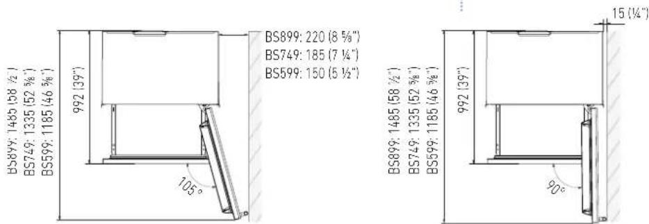 BS899: 1485 (58 ½") BS749: 1335 (52 %") BS599: 1185 (46 %") 992 (39°) BS899: 220 (8 ½") BS749: 185 (7 ½") BS599: 150 (5 ½") 105° BS899: 1485 (58 ½") BS749: 1335 (52 ¾") BS599: 1185 (46 %") 992 (39°) 15 (¼") 90°